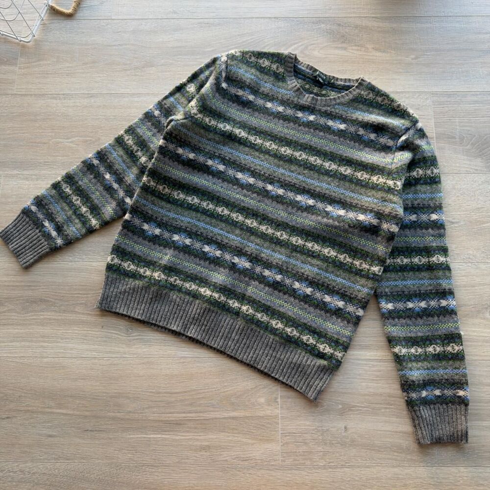 J.Crew Medium 100% Lambs Wool Green & Blue Striped Sweater Preppy Fisherman Gorp